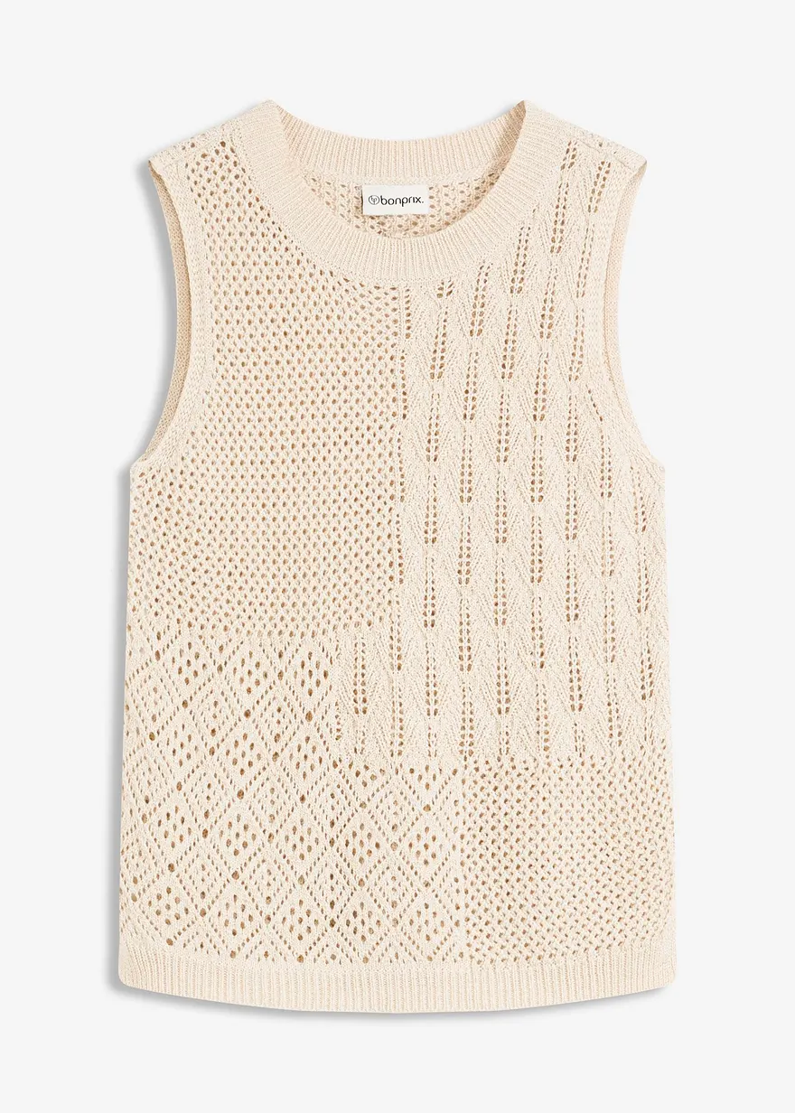 Ajour Stricktop mit metallisierenden Fasern in beige von vorne - bonprix
