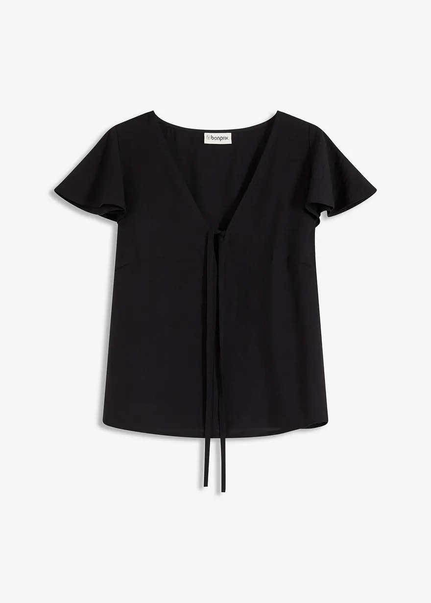 Bluse mit Volantärmeln in Glanzoptik in schwarz von vorne - bonprix