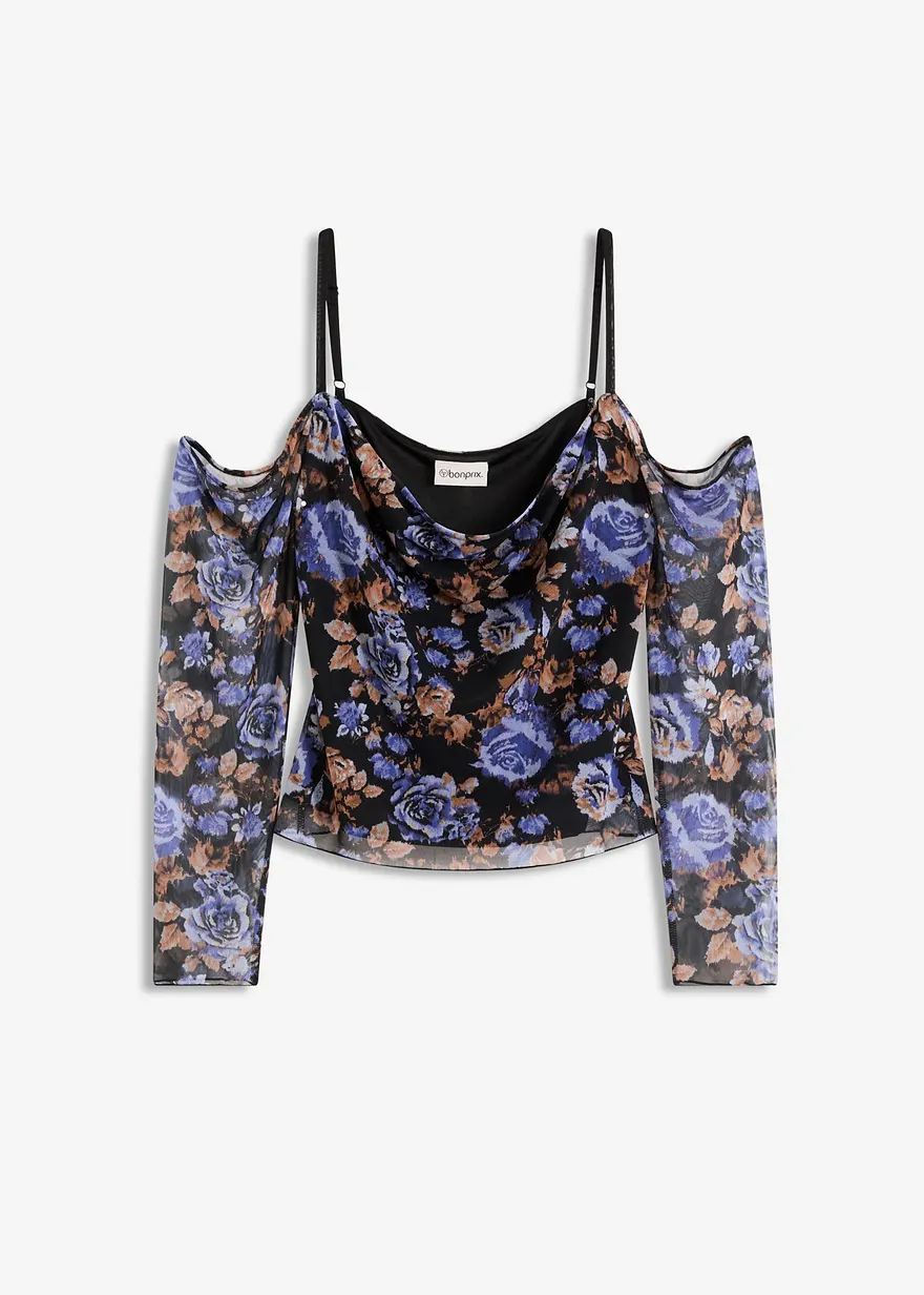 Cold-Shoulder-Shirt aus leichtem Mesh in schwarz von vorne - bonprix