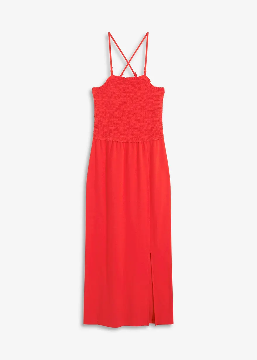 Midikleid aus festem Jersey mit Smockeinsatz und Schlitz in rot von vorne - bonprix