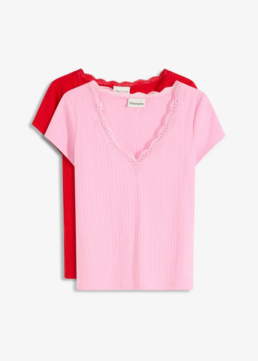 Rippshirt mit Spitzendetail (2er Pack) in rot von vorne - bonprix
