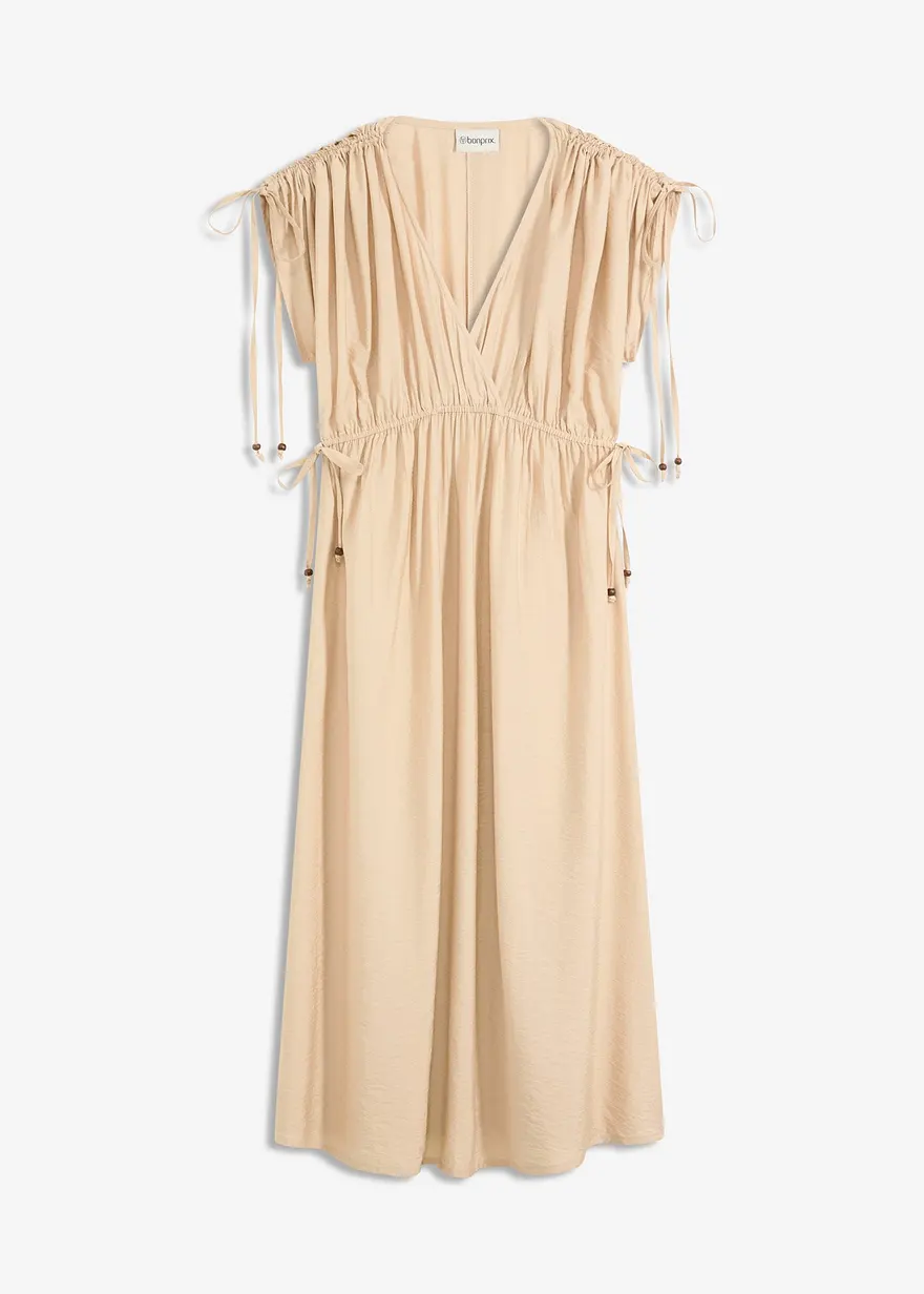 Maxikleid mit weiten Ärmeln aus strukturiertem Material in beige von vorne - bonprix