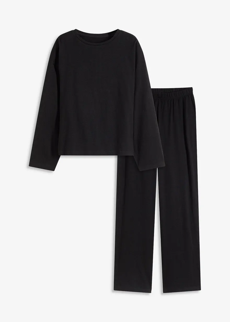Loungewear Hausanzug aus weicher Baumwolle, oversized in schwarz von vorne - bonprix