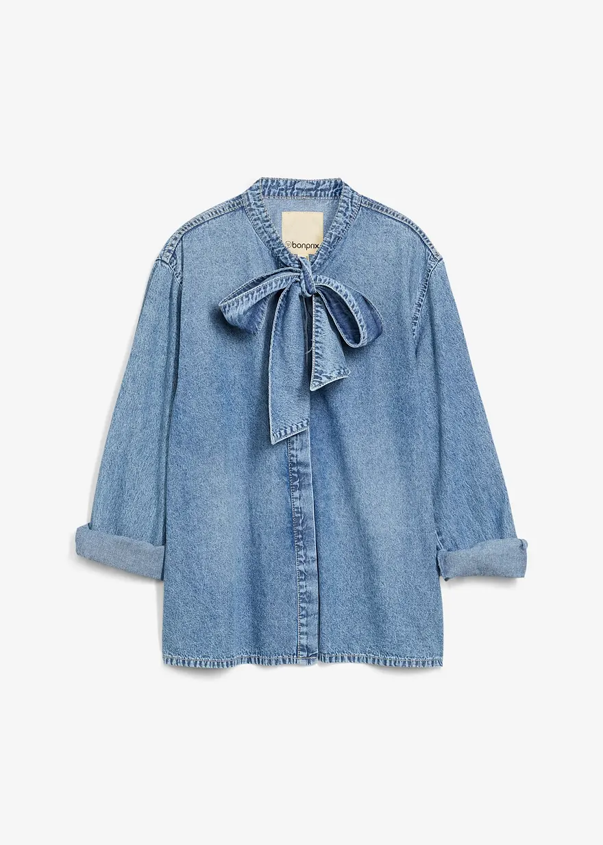 Jeansbluse mit Schleife in blau von vorne - bonprix