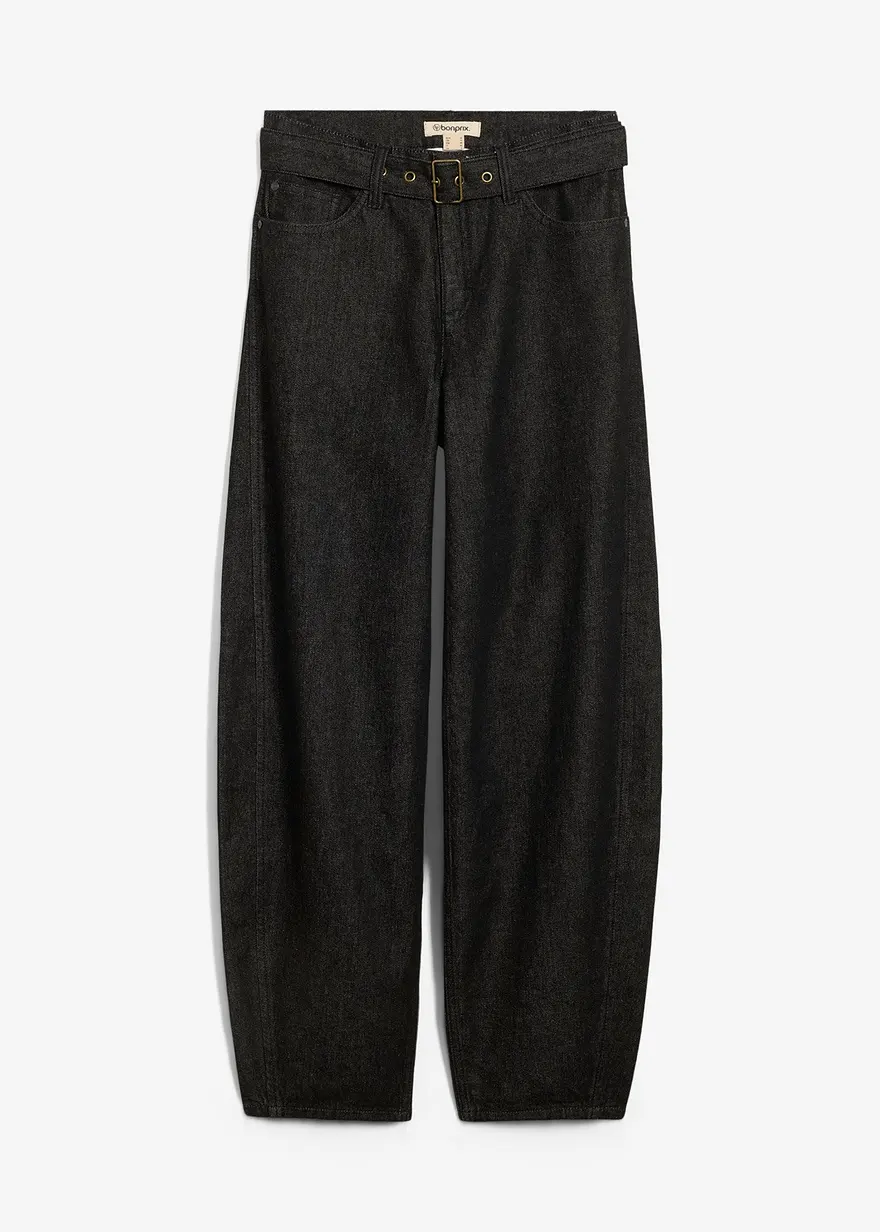 Barrel-Jeans Mid Waist mit Gürtel in grau von vorne - bonprix