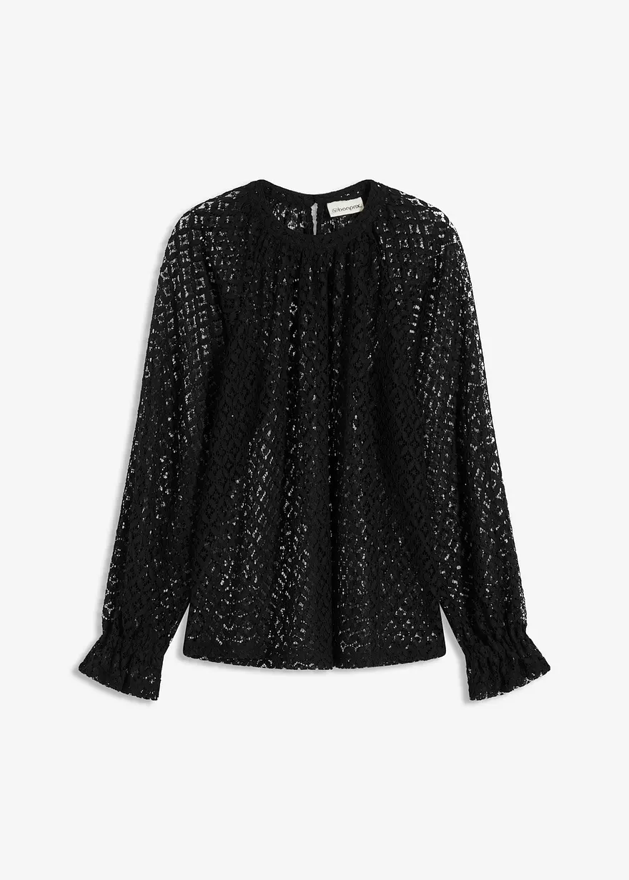 Spitzen-Shirt mit Volants aus Baumwolle in schwarz von vorne - bonprix