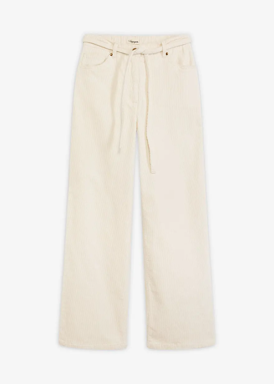 Weite Cordhose mit Bindegürtel in weiß von vorne - bonprix