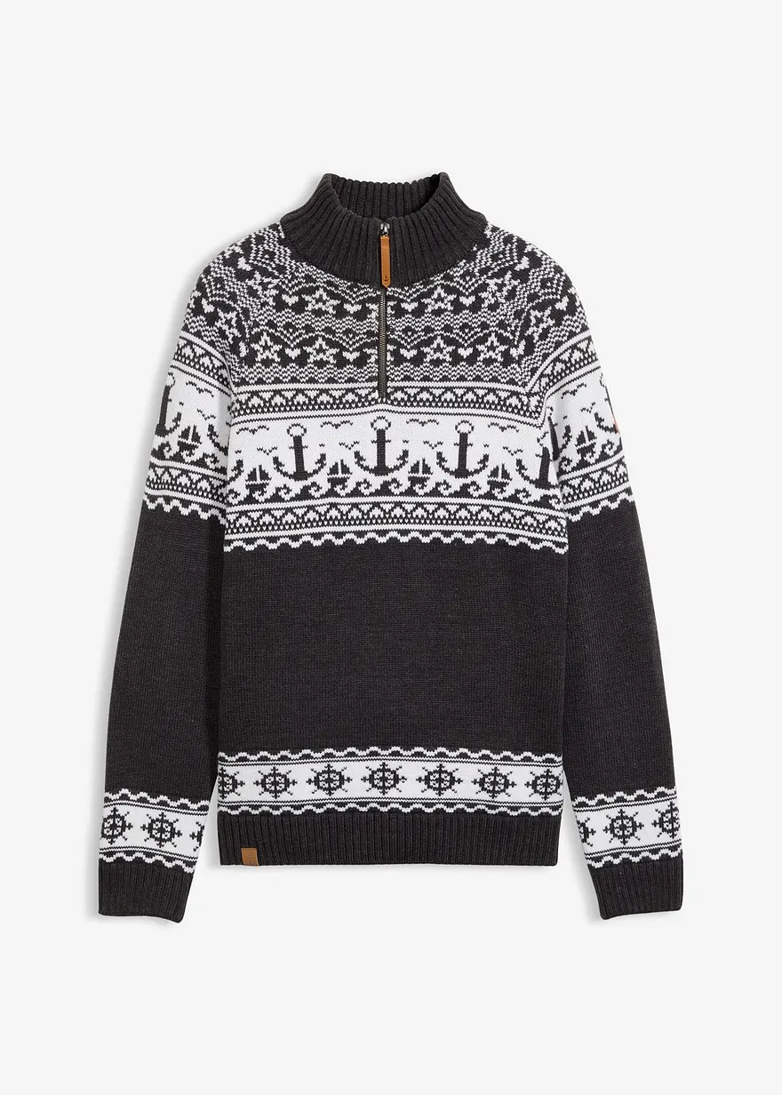 Maritimer Norweger-Pullover mit Troyerkragen in grau von vorne - bonprix