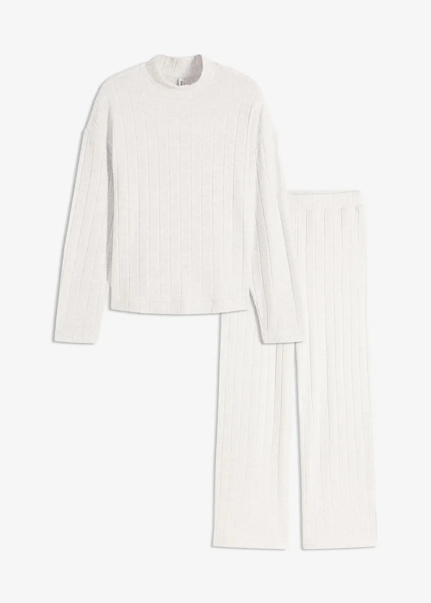 Loungewear Hausanzug aus weicher Rippe, oversized in weiß von vorne - bonprix