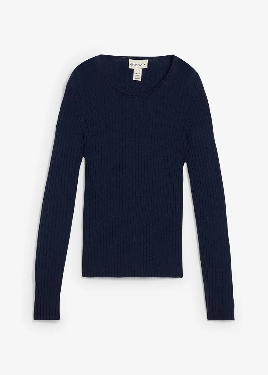 Rippenpullover aus Merinowolle in blau von vorne - bonprix