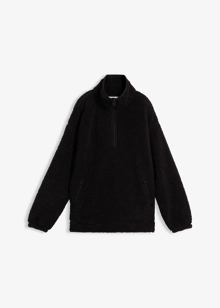 Fleeceshirt mit Stehkragen in schwarz von vorne - bonprix