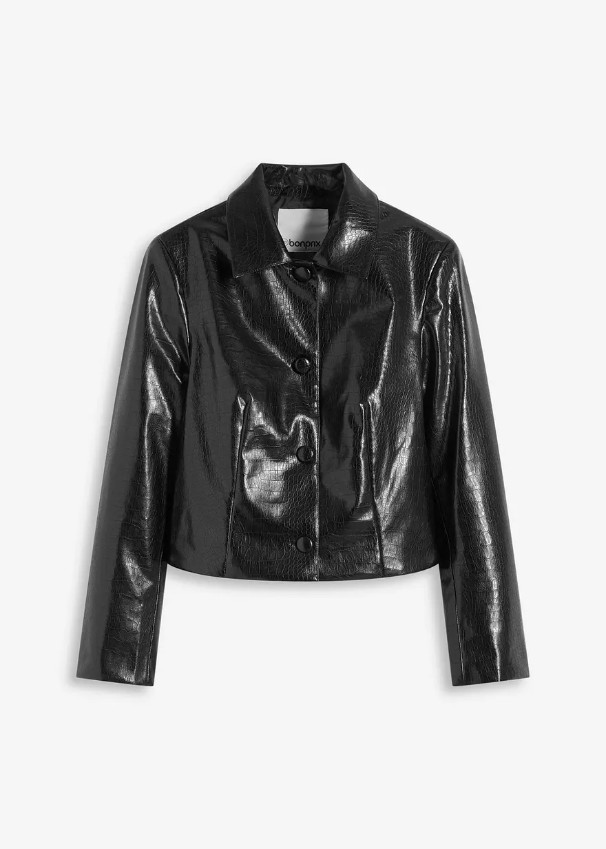 Verkürzte Lederimitat-Jacke mit glossy Krokoprägung in schwarz von vorne - bonprix