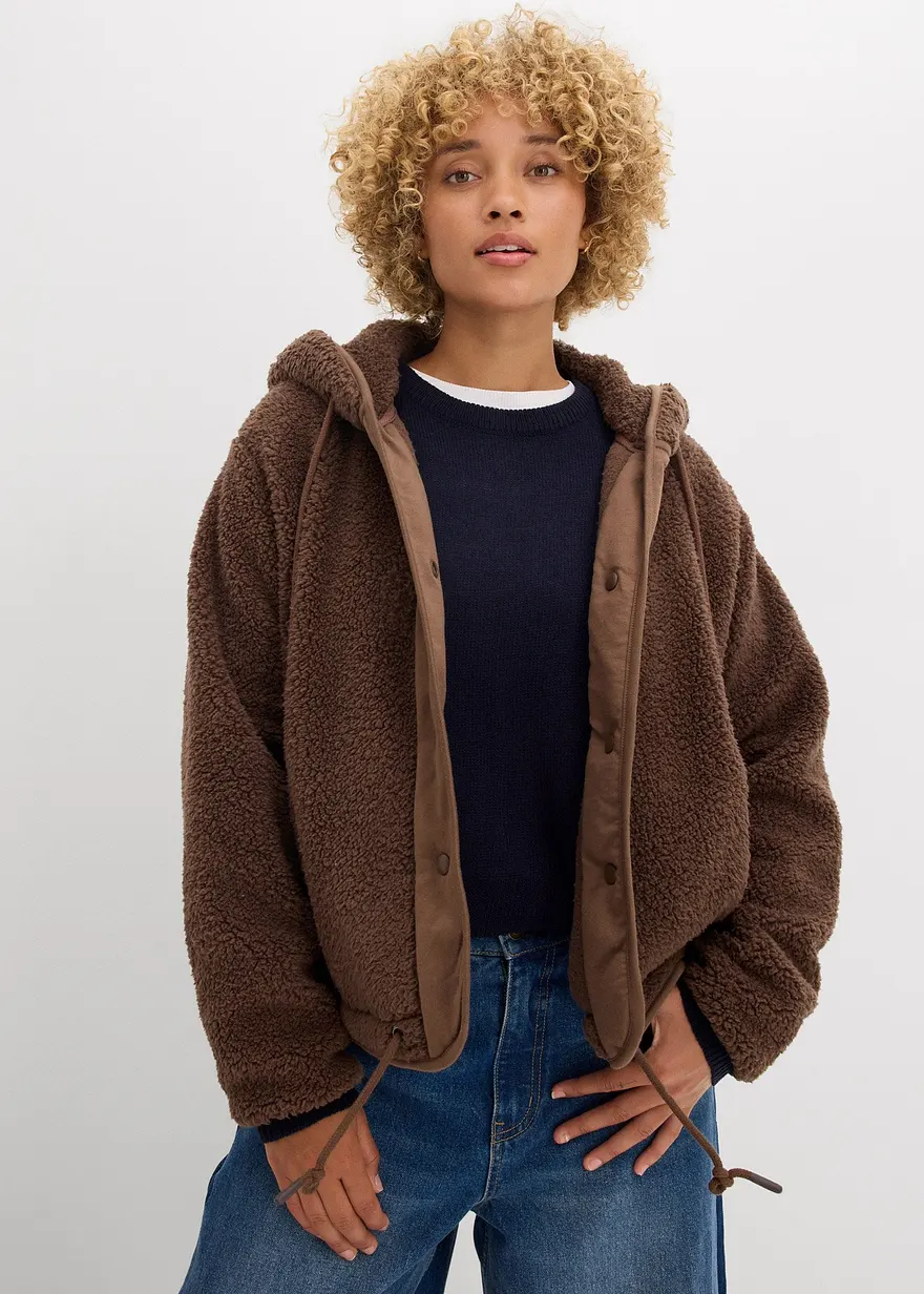 Teddy-Fleece Jacke in braun von vorne (im Anschnitt) - bonprix