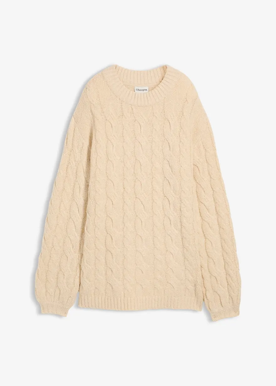 Oversize-Pullover mit Zopfmuster in beige von vorne - bonprix