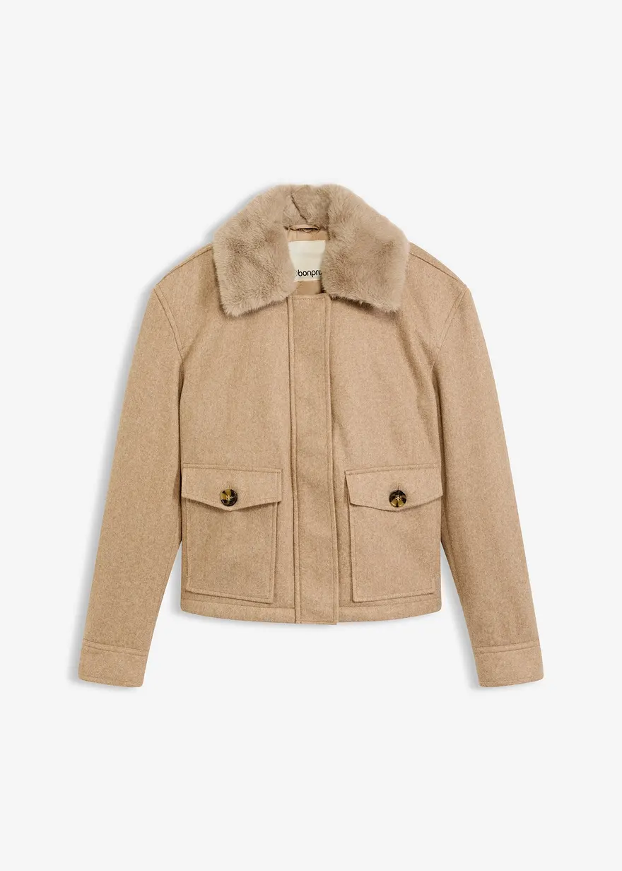 Winterjacke in Wolloptik in beige von vorne - bonprix