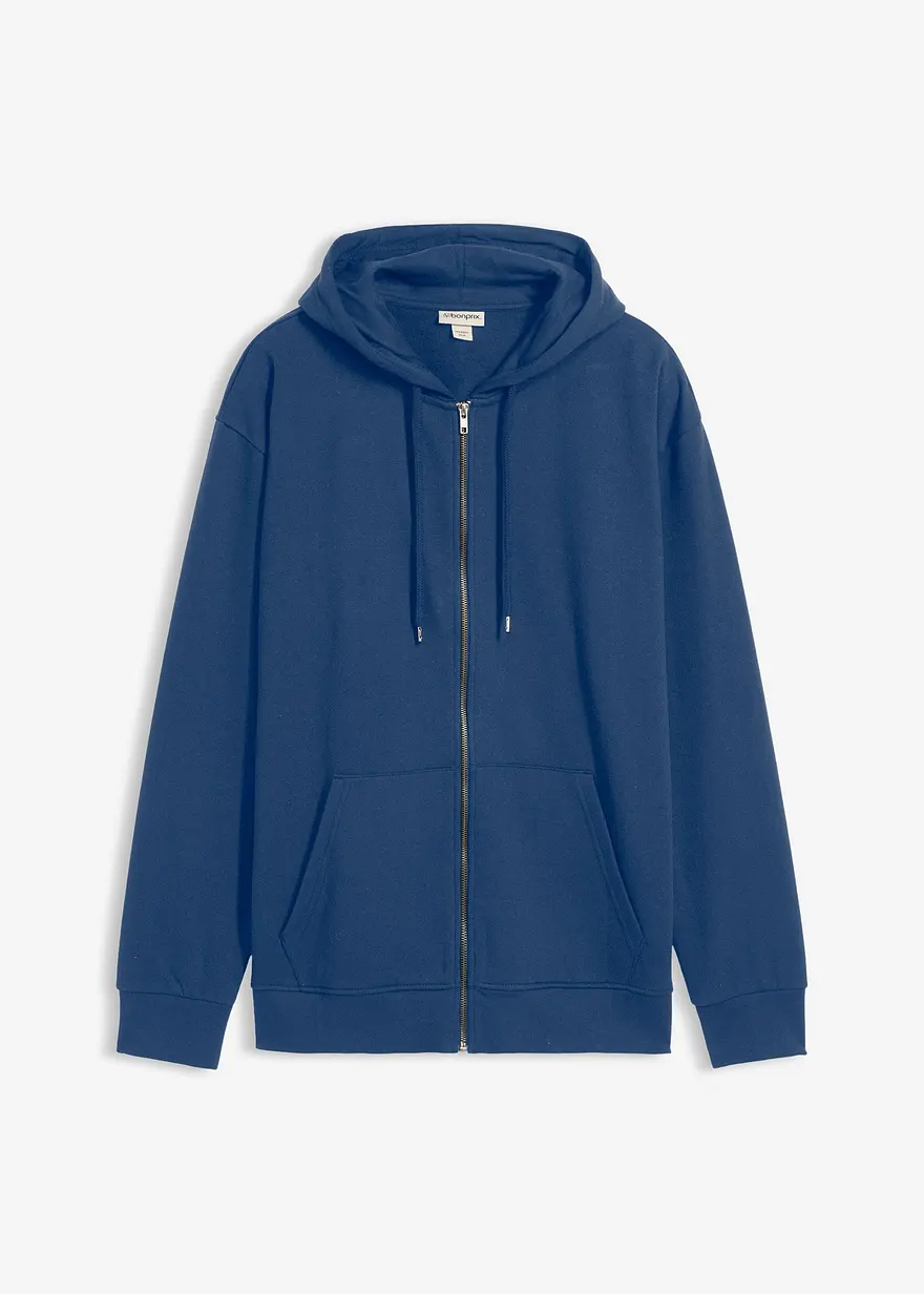 Kapuzen-Sweatjacke mit reiner Baumwolle, Loose Fit in blau von vorne - bonprix