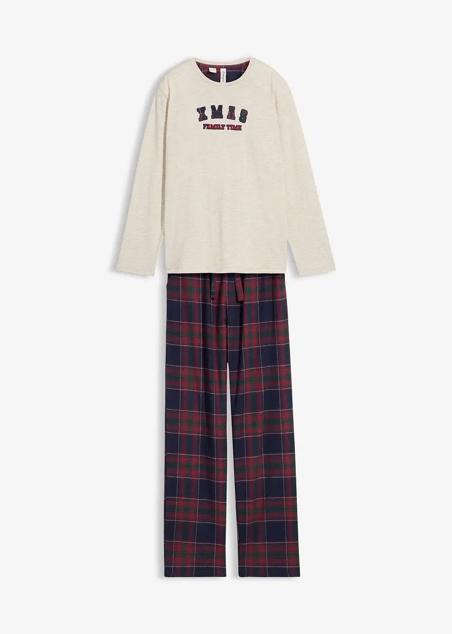 Pyjama mit Flanellhose aus weicher Baumwolle (2.tlg Set) in weiß von vorne - bonprix