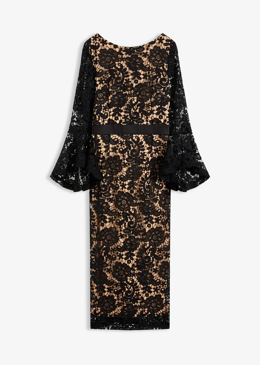 Spitzenkleid mit Satin-Einsatz in schwarz von vorne - bonprix