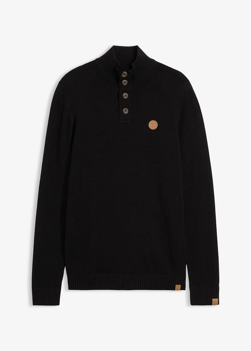Troyer-Pullover aus weichem Baumwollmix in schwarz von vorne - bonprix