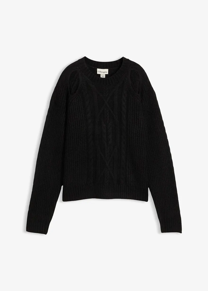 Grobstrick-Pullover mit Zopfmuster in schwarz von vorne - bonprix