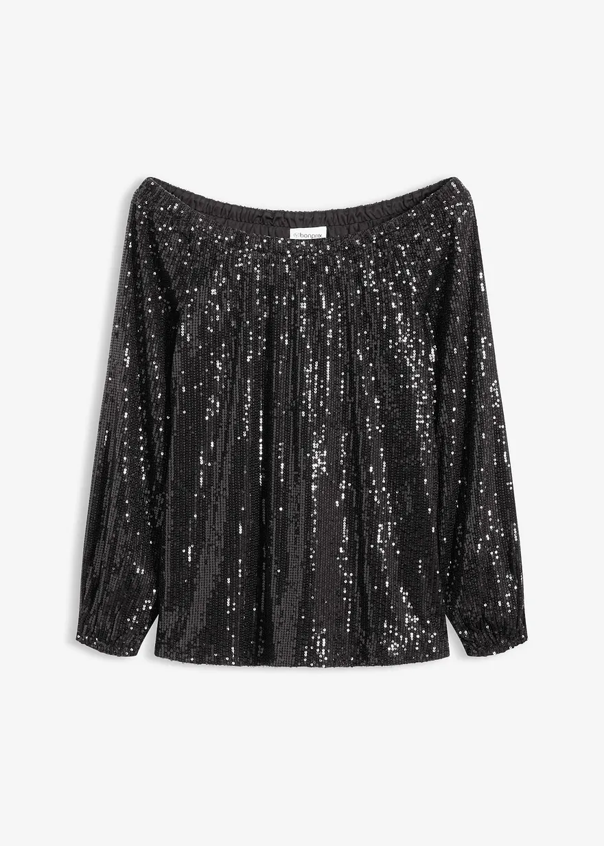 Carmenshirt, Oversized mit Pailletten in schwarz von vorne - bonprix