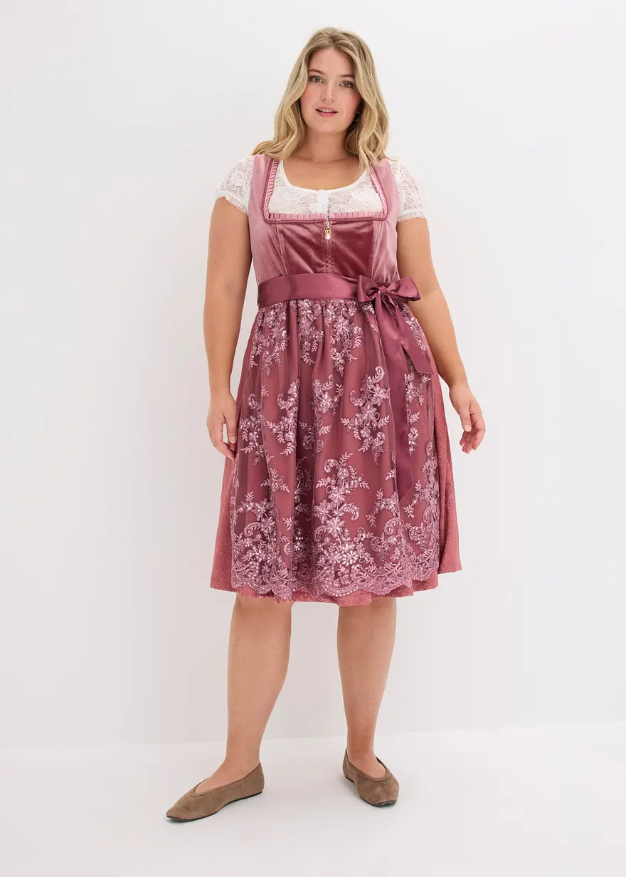 Glänzendes Dirndl mit Samt-Mieder und Pailletten-Schürze (Pastellbeere) von Bonprix – €