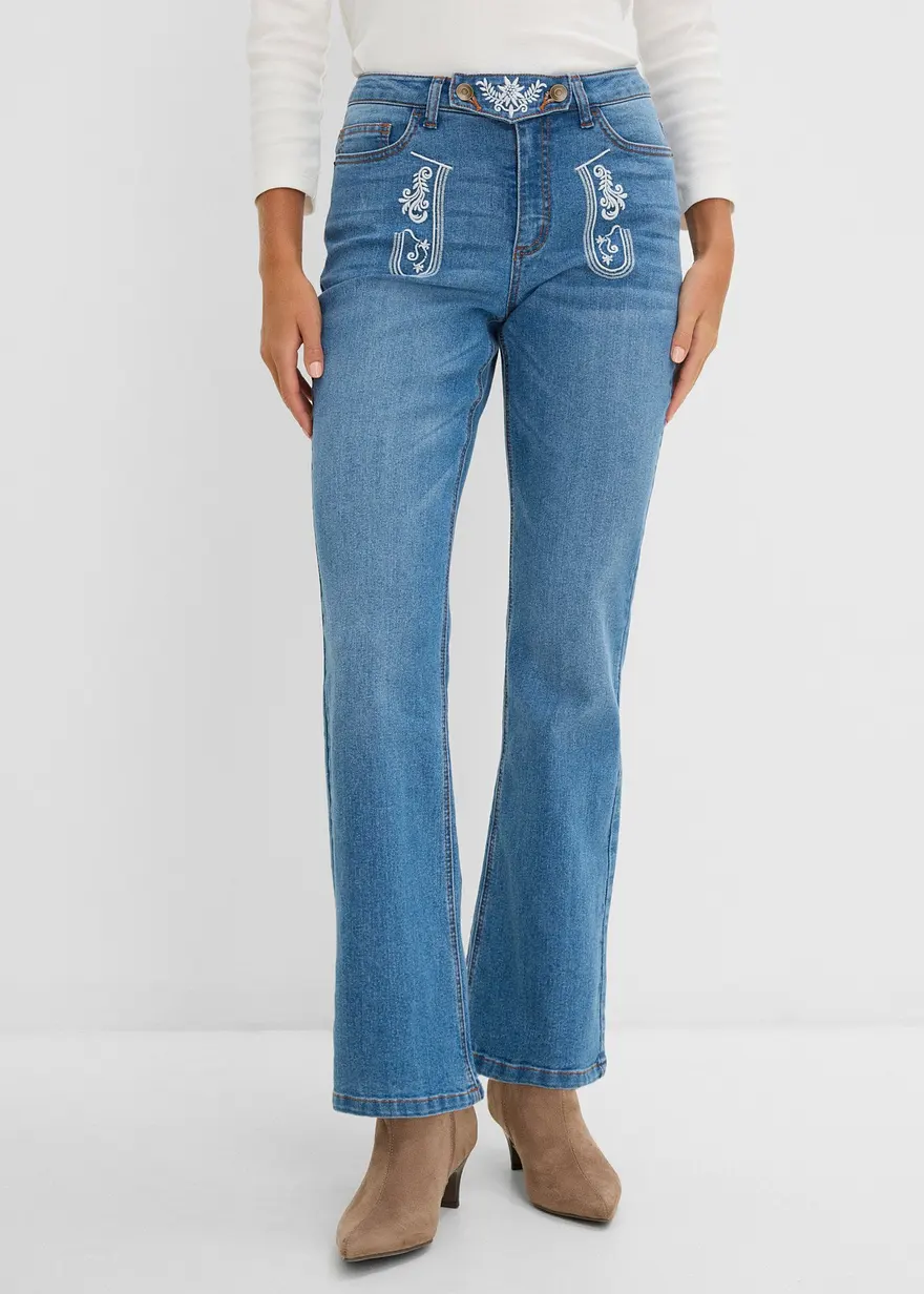 Trachten Bootcut-Jeans Mid Waist mit Stickerei (Mittelblau Denim Used) von Bonprix – €