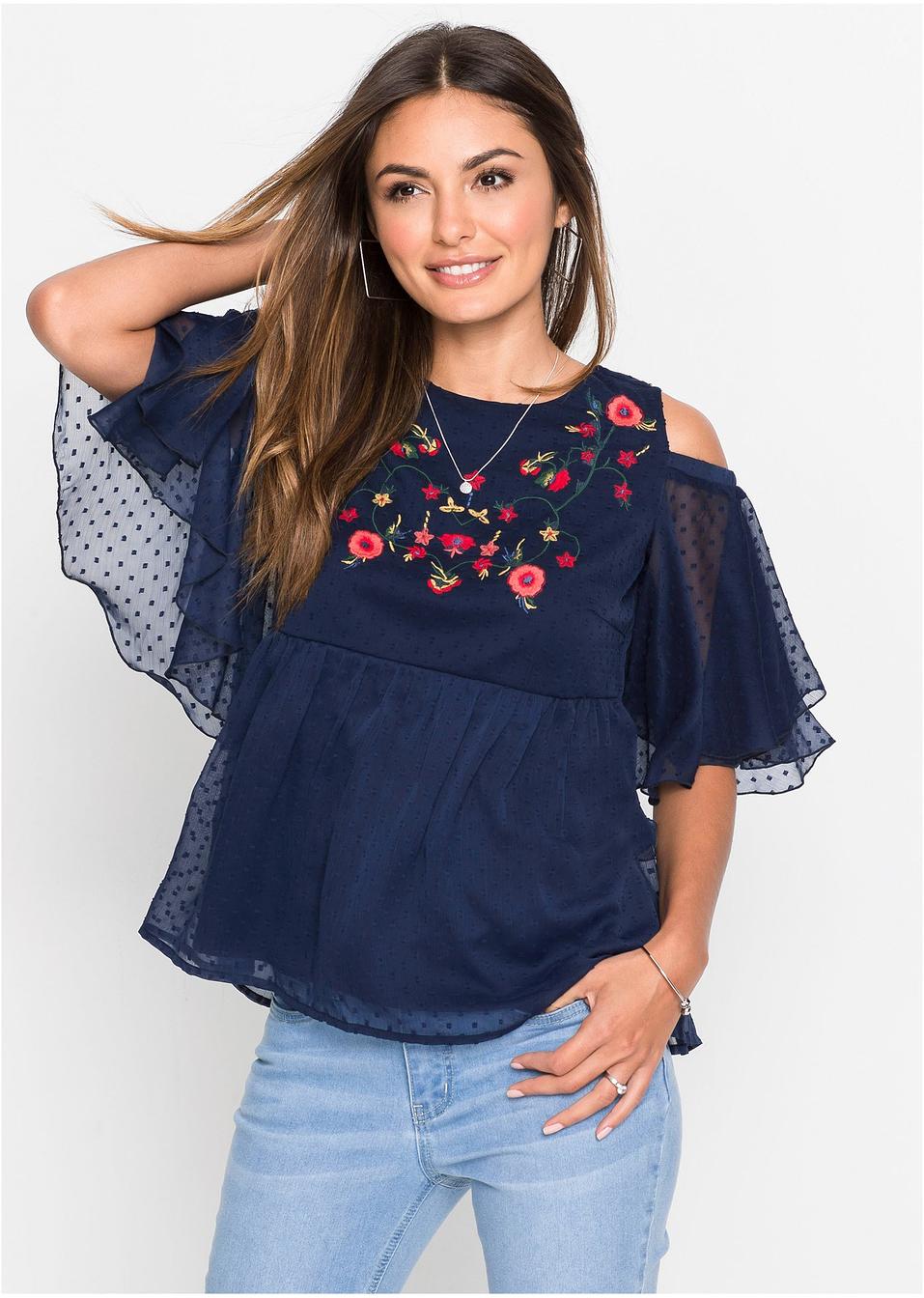 Bluse mit Cut-Outs und Stickerei vorne - dunkelblau