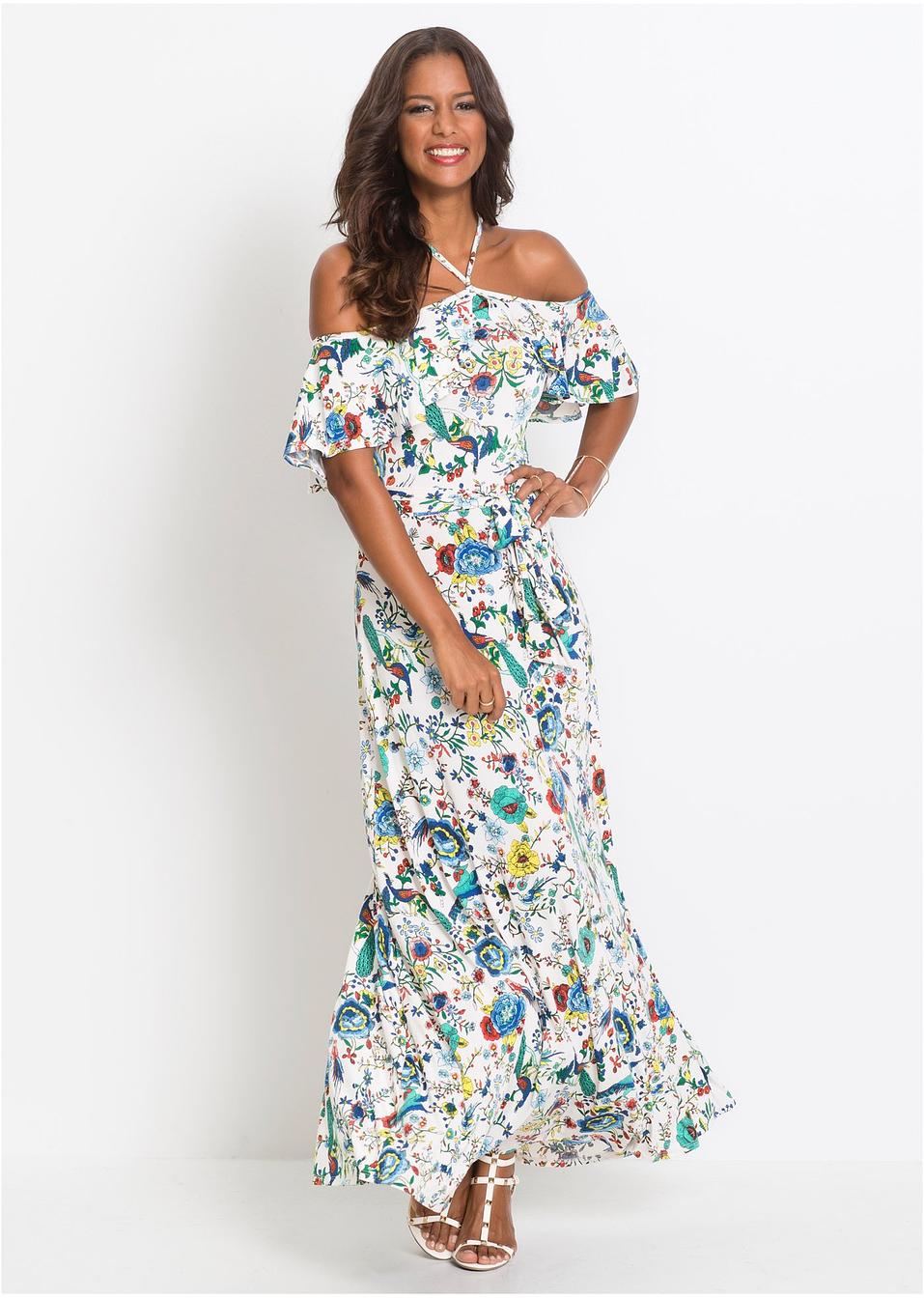 Cold-Shoulder-Kleid mit Volant weiß/blau/grün gemustert - BODYFLIRT