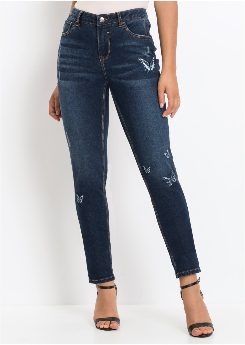 Hübsche Girlfriend Jeans Mit Origineller Schmetterling Stickerei Darkblue Stone