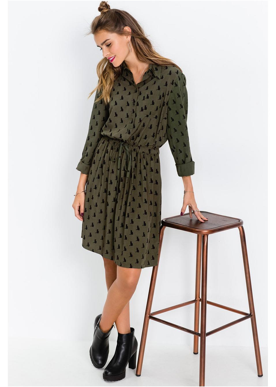 Süßes HemdKleid mit stylishem Print dunkeloliv/schwarz bedruckt