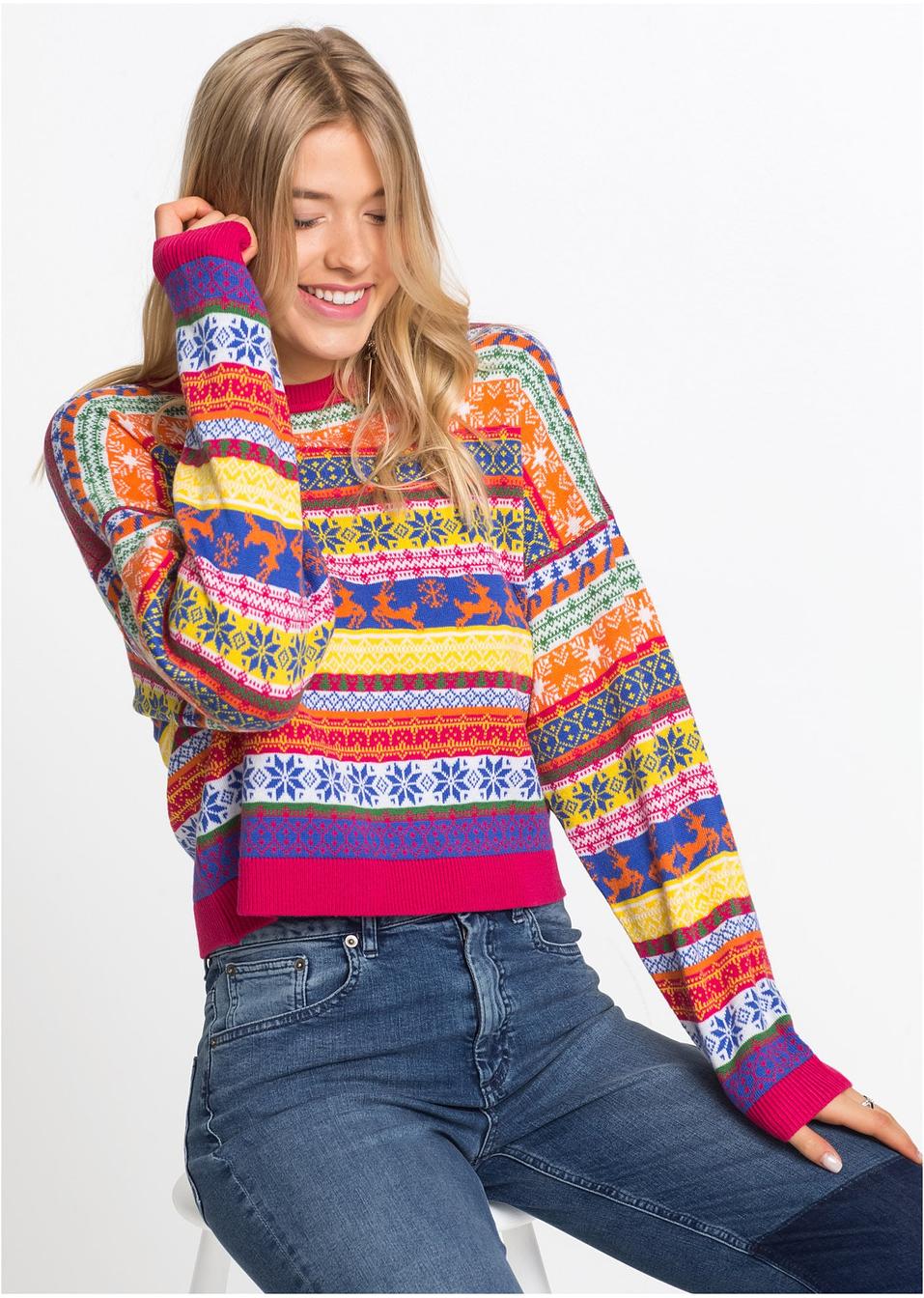 Stylisher Pullover mit buntem Muster und weiten Ärmeln - pink/gelb