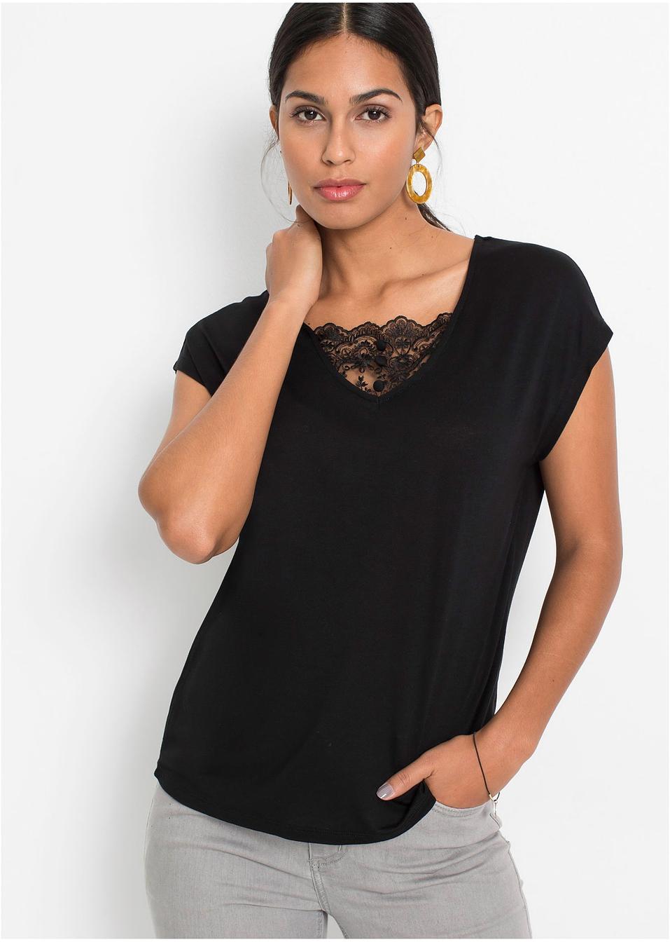 Shirt mit Spitze schwarz - Damen - bonprix.de