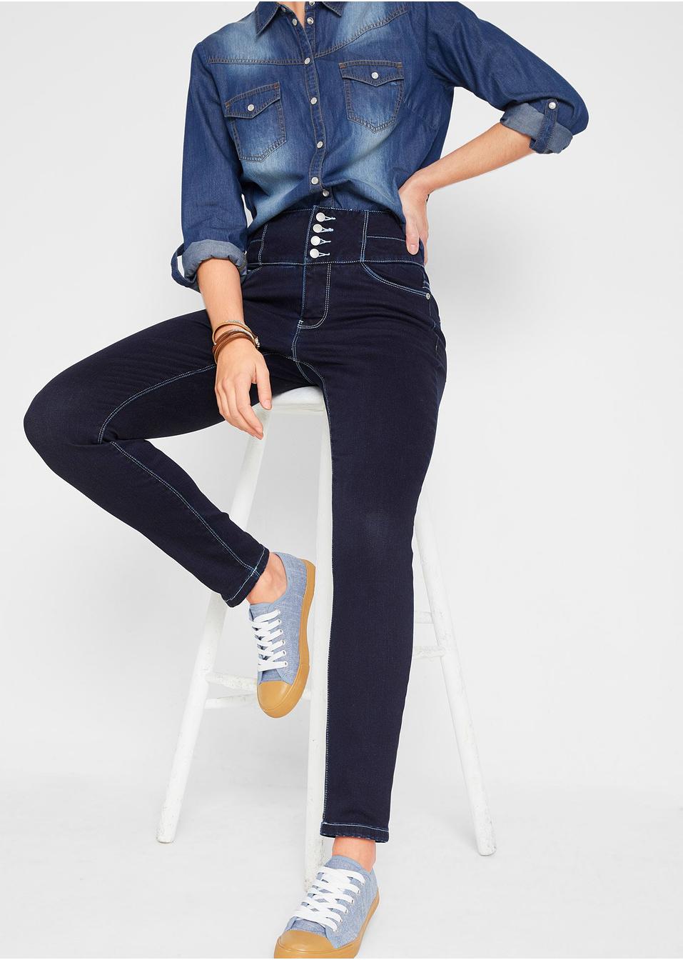 Shaping-Stretch-Jeans mit hohem Bund, verkürzt dunkelblau - Damen