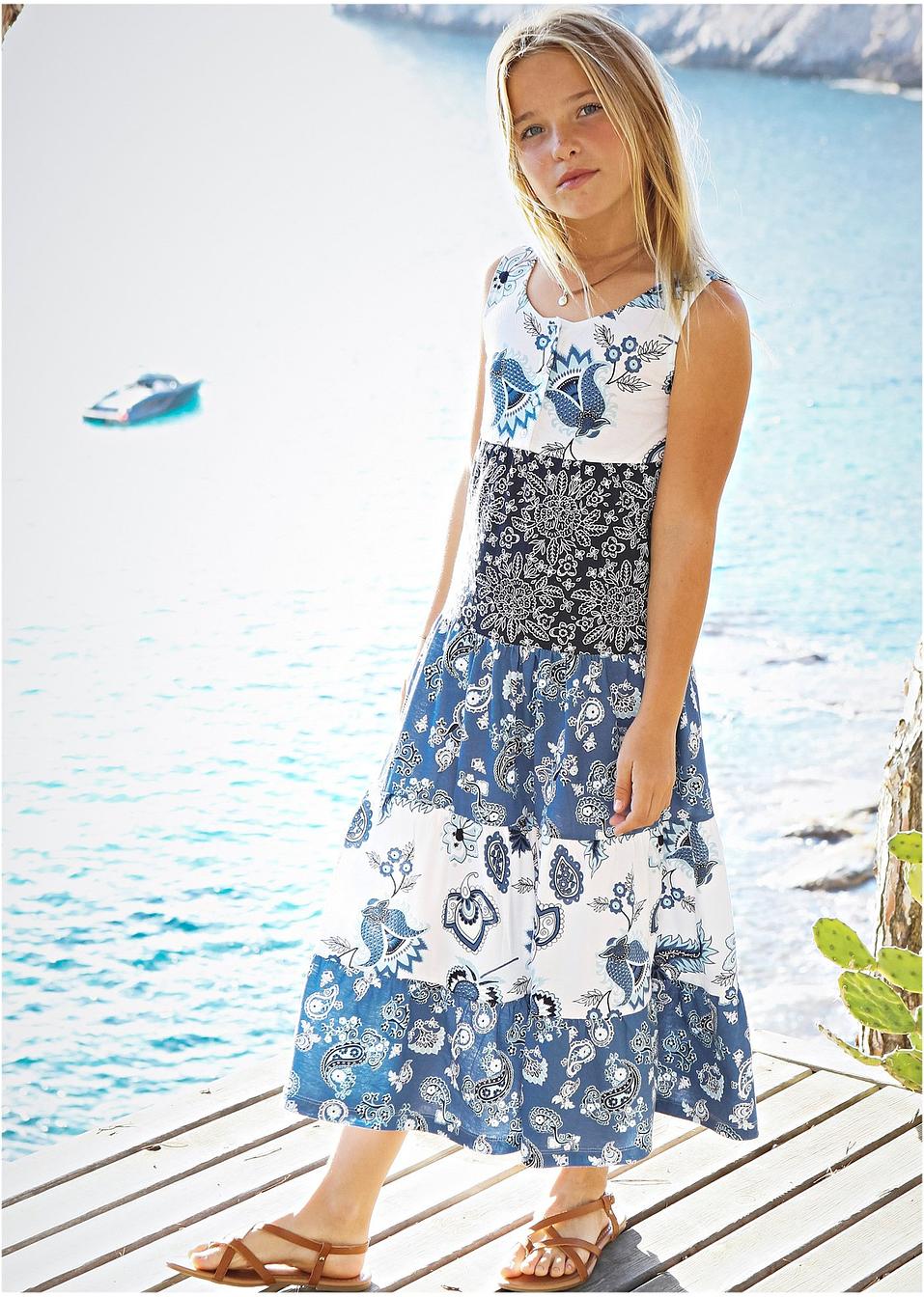 Süßes Mädchen Off-Shoulder-Kleid,mittelblau//weiß mit Print,Gr.164//170