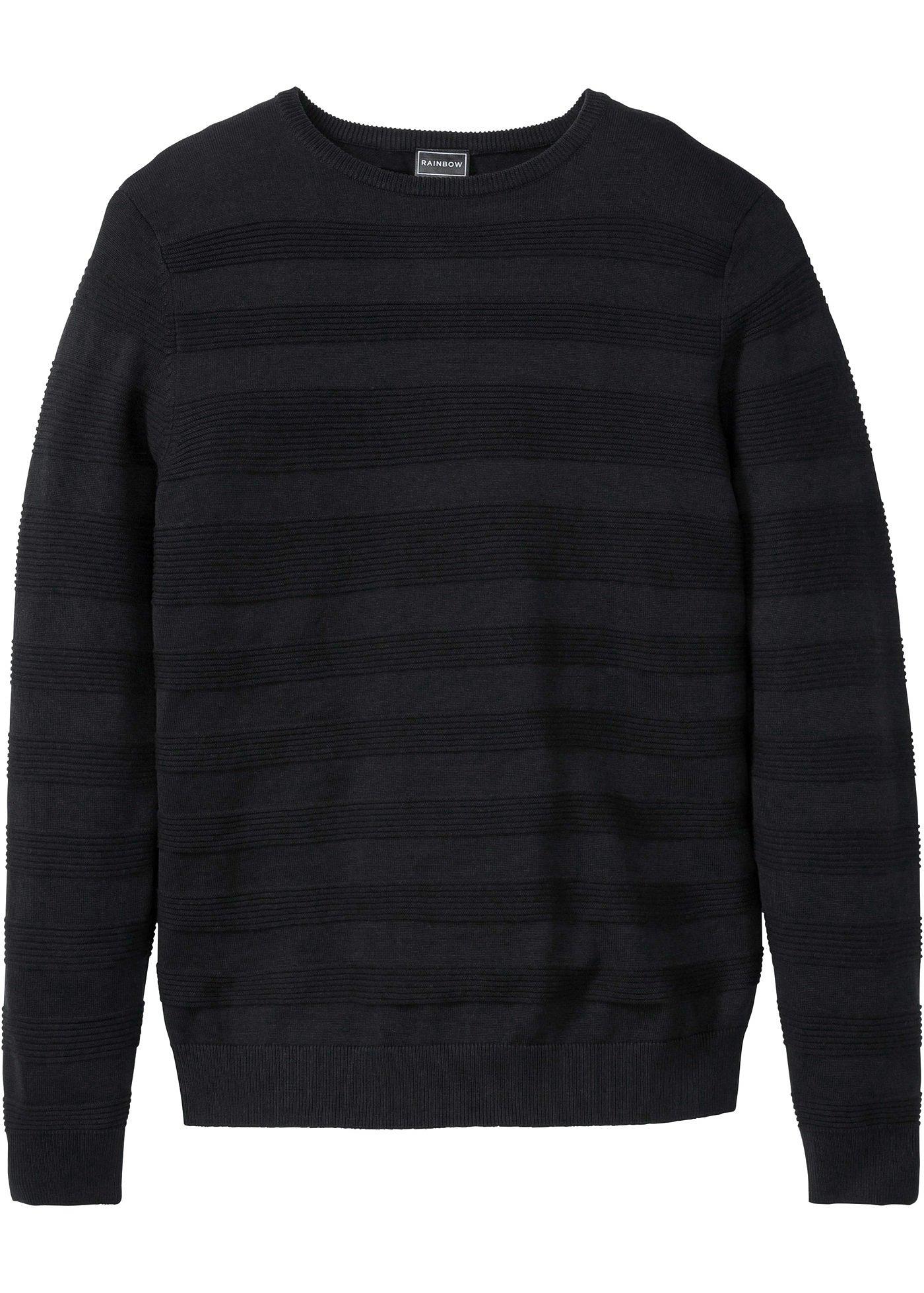Pullover mit eingestrickten Streifen langarm  in schwarz für Herren von bonprix