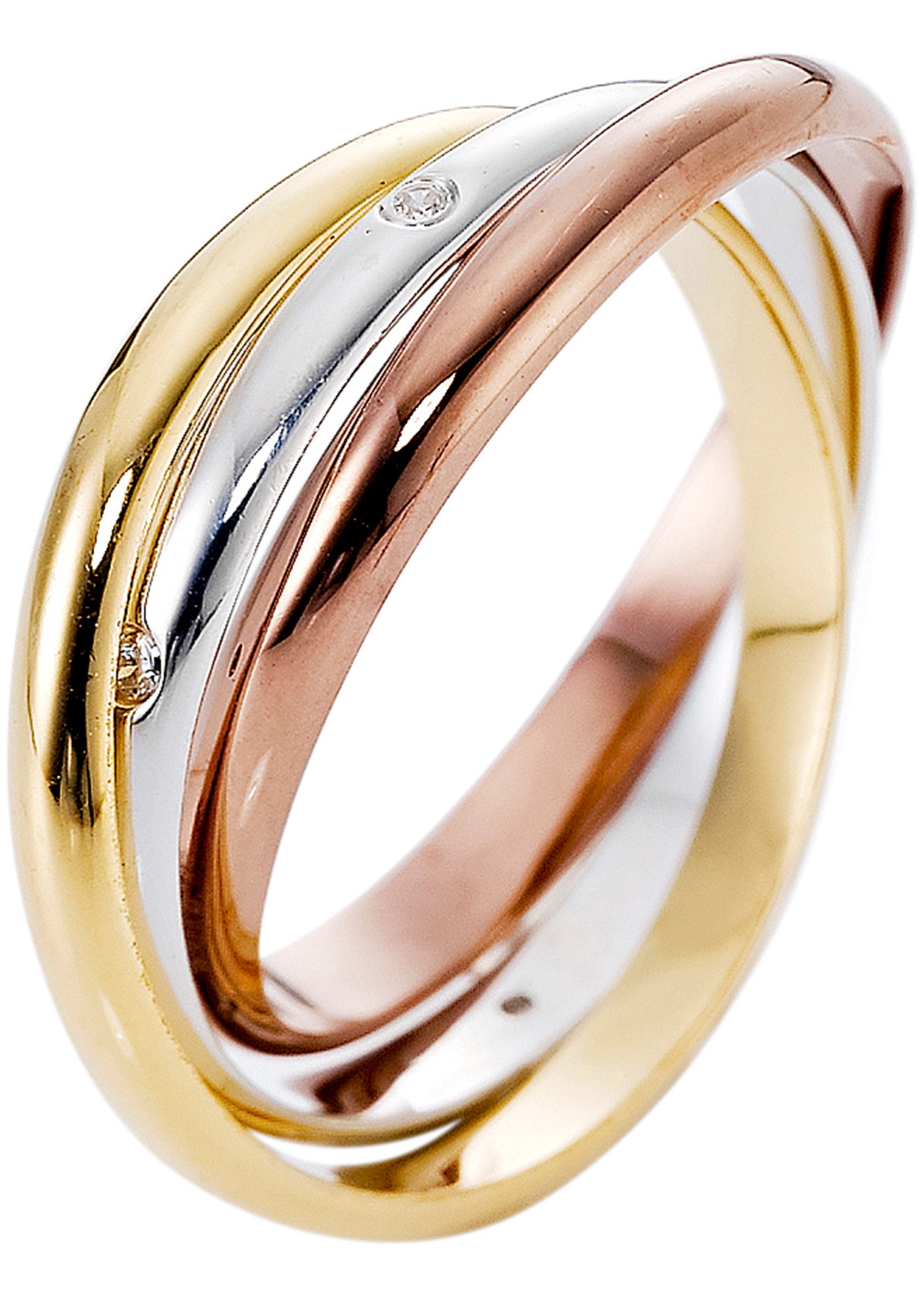 Alle guten Dinge sind drei: Der 3-reihige Ring präsentiert sich im klassisch-modernen Look. Das Schmuckstück besteht aus drei ineinander geschlungenen Ringen. Eleganz erhält das Trio durch die sechs eingefassten Zirkonia-Steinchen, die einen der drei Ringe zieren. Farblich geschmackvoll aufeinander abgestimmt ist der 3-reihige Ring toll zu diversen Outfits und anderen Schmuckstücken kombinierbar. - 0
