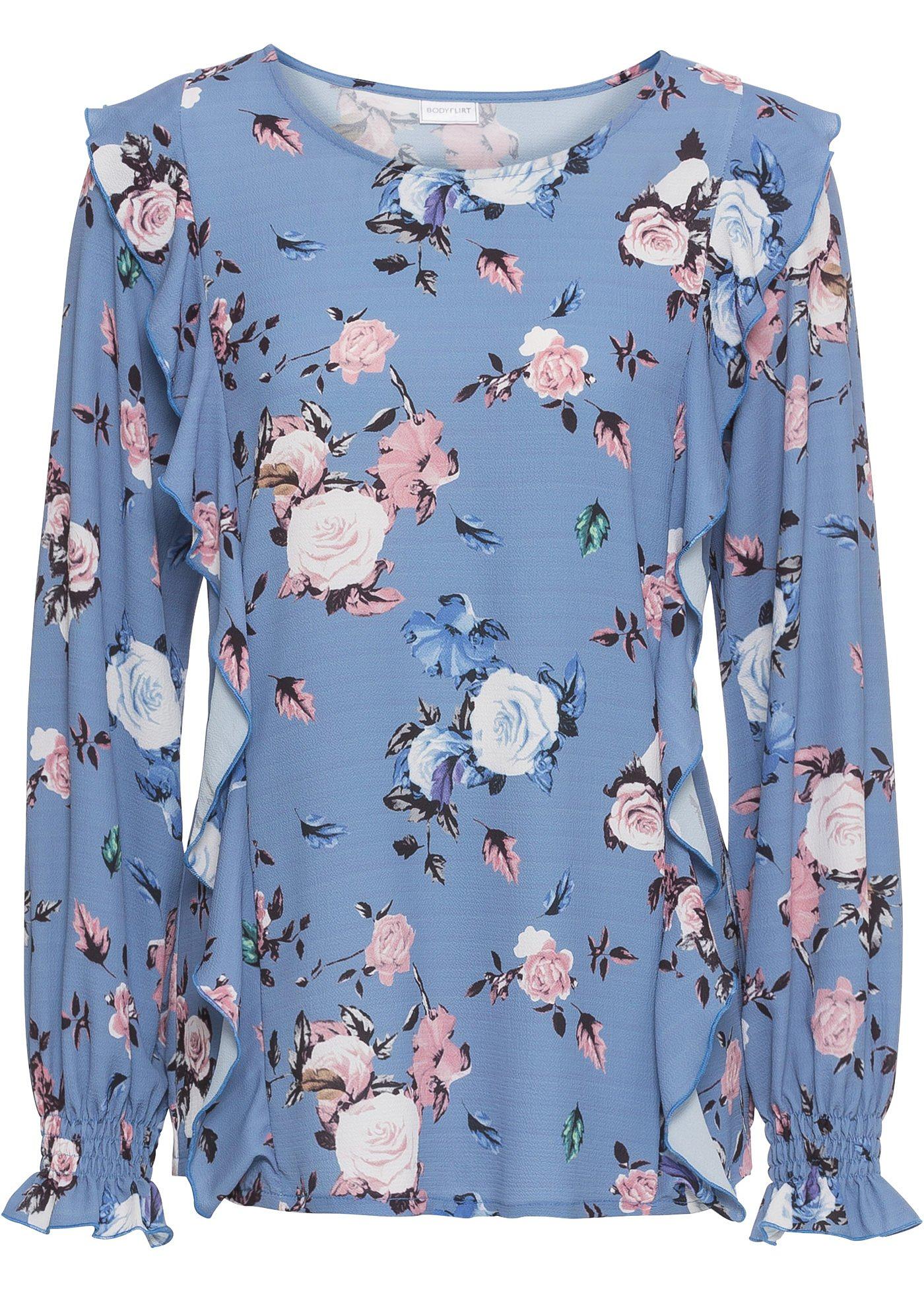 Bedruckte Bluse mit Volants langarm  in blau von bonprix