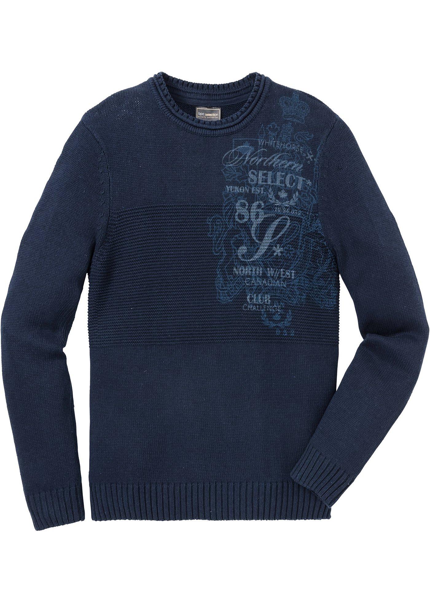 Pullover m. Druck mit recycelter Baumwolle langarm  in blau für Herren von bonprix