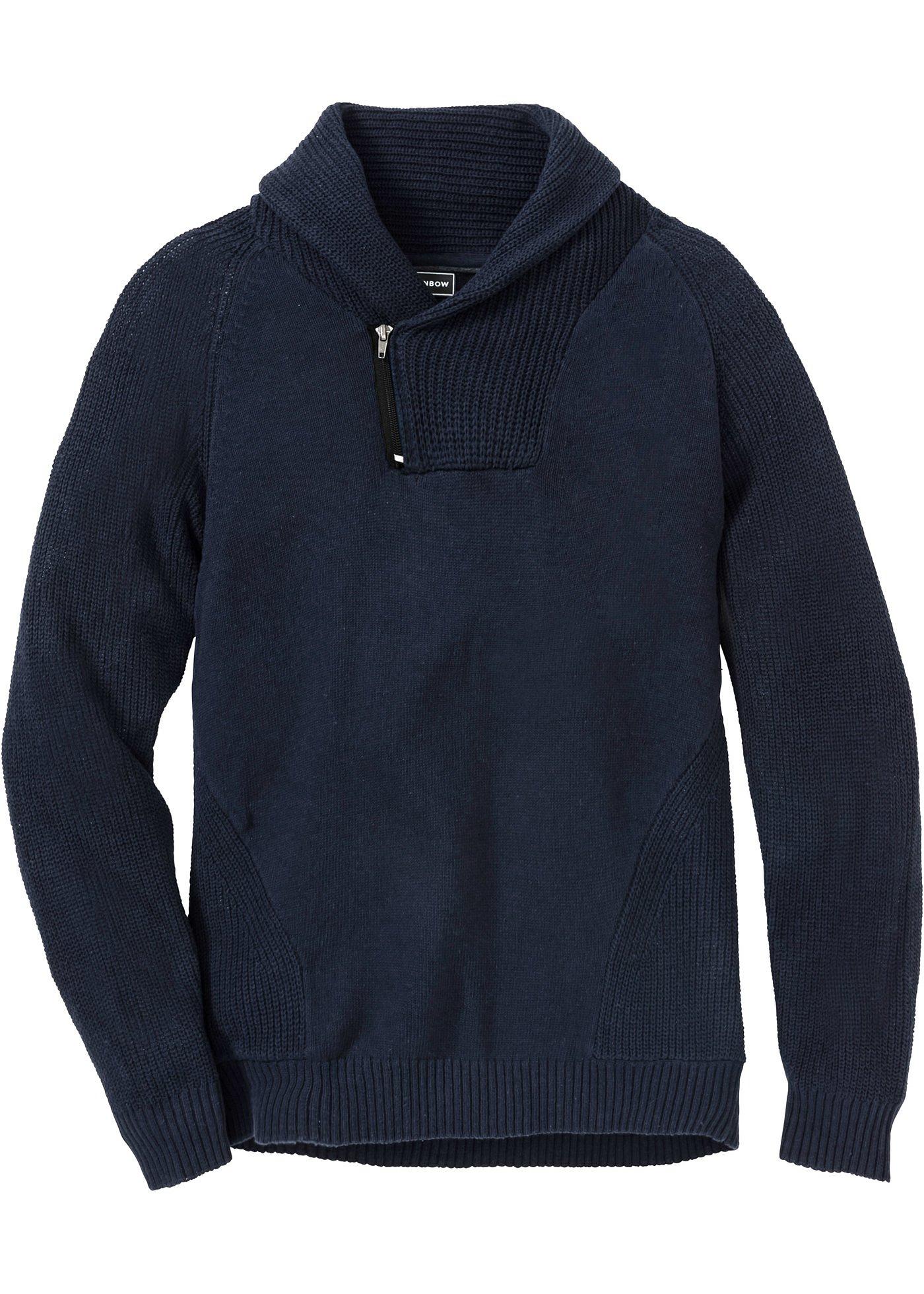 Schalkragen-Pullover mit recycelter Baumwolle langarm  in blau für Herren von bonprix