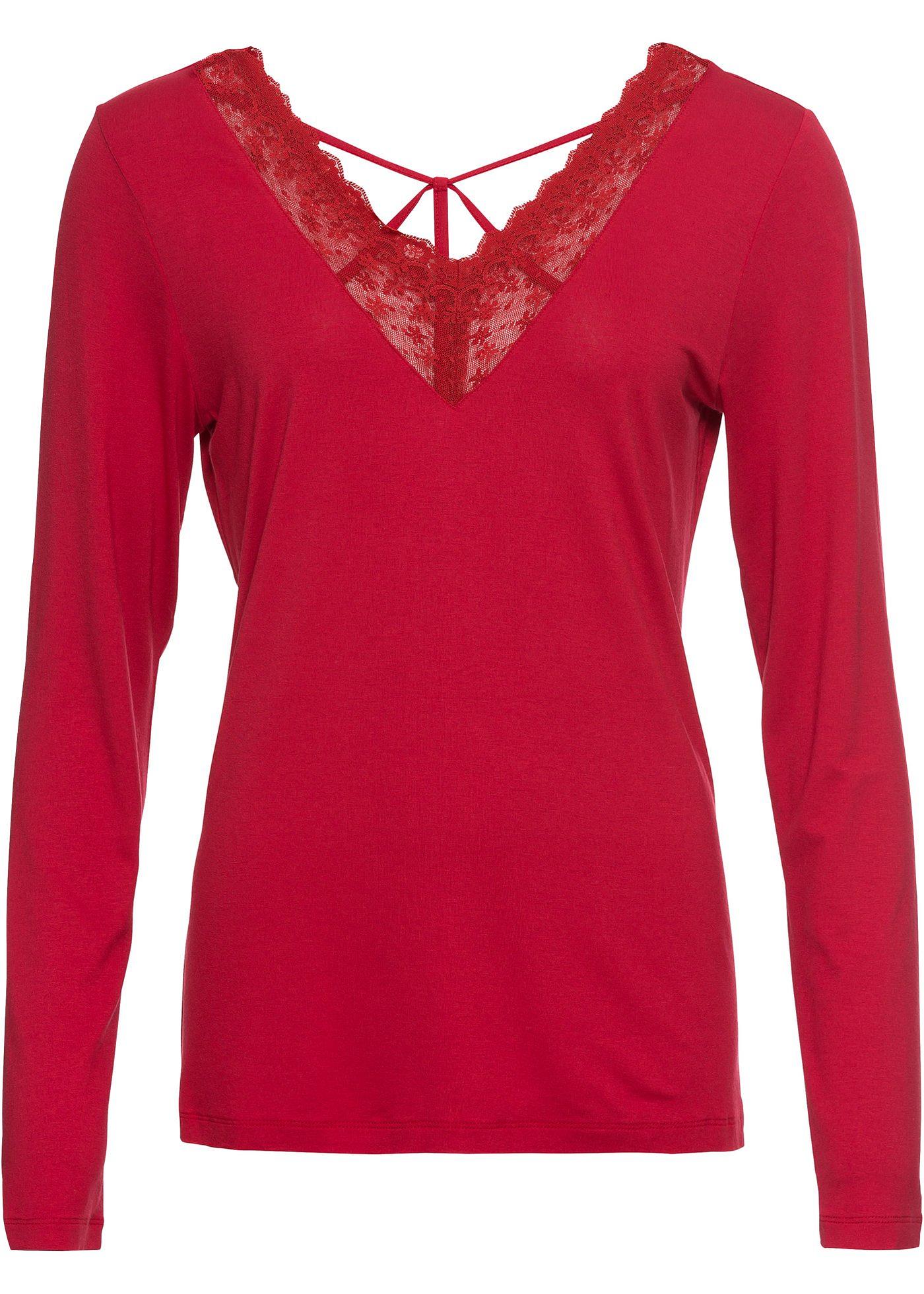 Langarmshirt mit Spitzeneinsatz in rot für Damen von bonprix